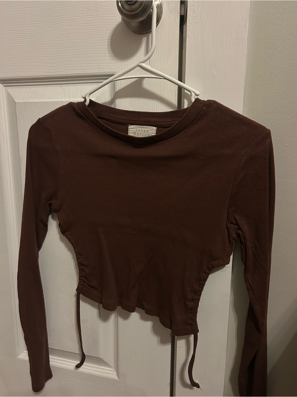 Women's Brown Long-Sleeve Ribbed Drawstring Crop Top